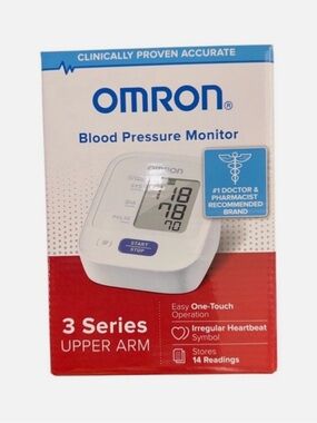OMRON White Blood Pressure Monitor with Blue Button and Black Cuff